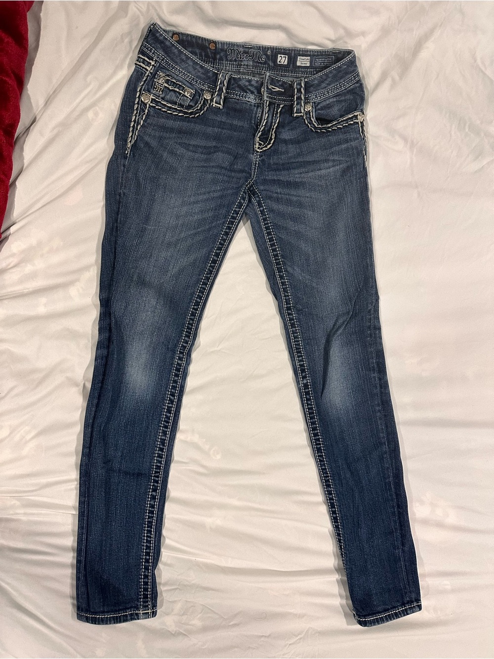 Miss Me Dark Blue Skinny Jeans with White Contrast Stitching